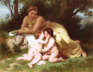 Young Woman Contemplating Two Embracing Children by Artwork